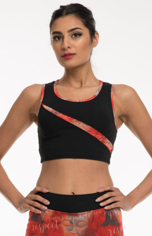 Black crop tank with red pattern mesh inlay and accents