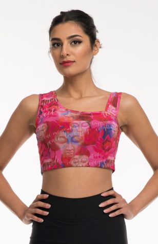 Bamboo Activewear Tops, pink asymmetrical crop tank with pattern mesh overlay